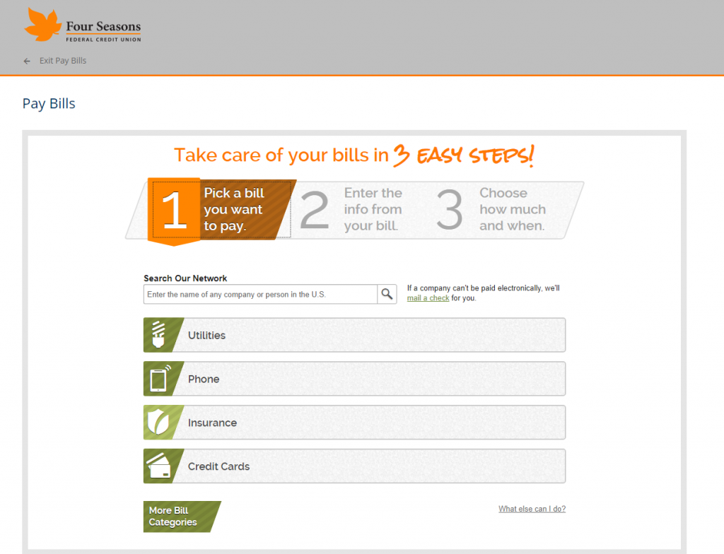 Screenshot showing the first step of Bill Pay setup.