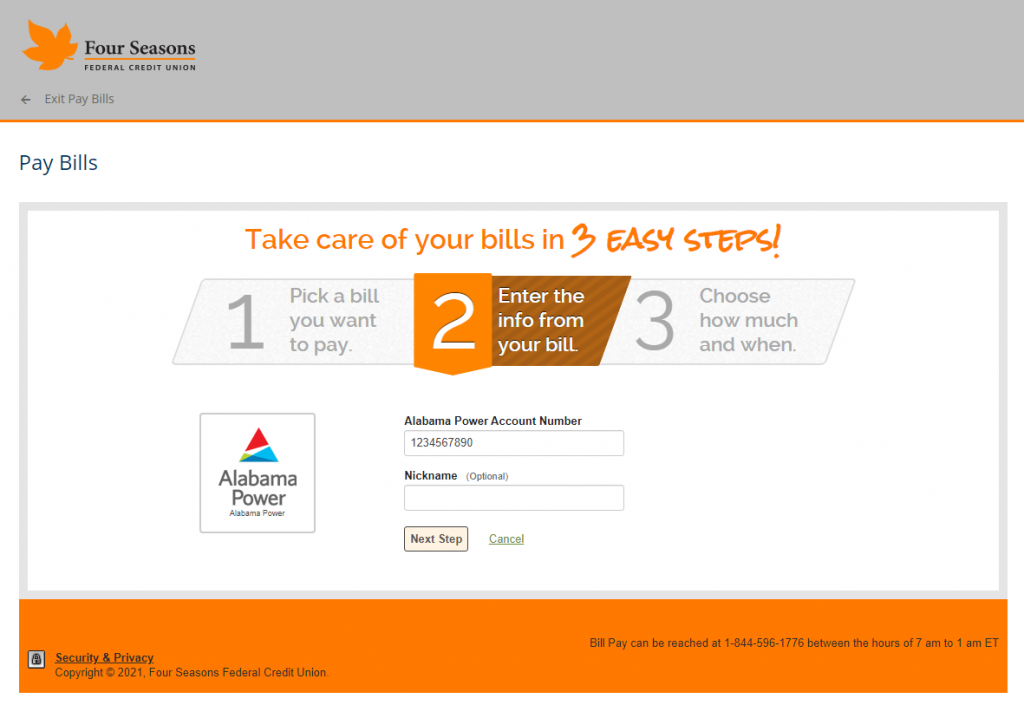 Screenshot showing the second step of Bill Pay setup.
