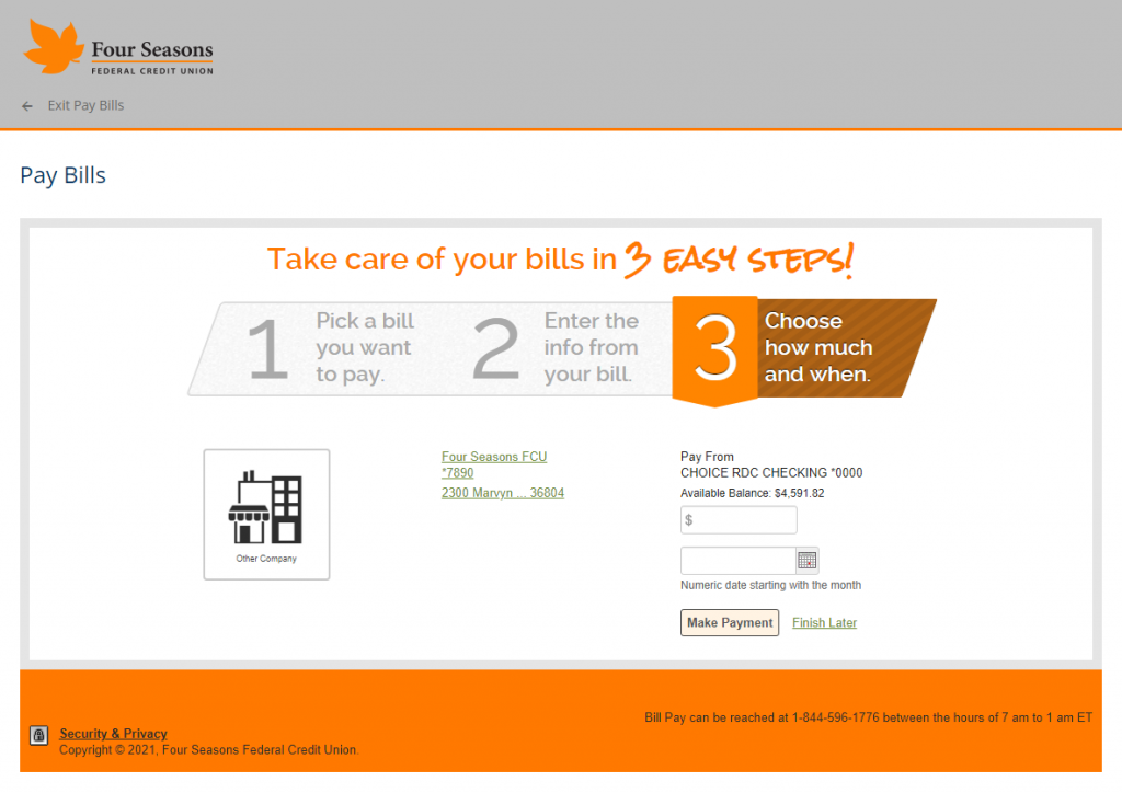 Screenshot showing the third page of Bill Pay setup.