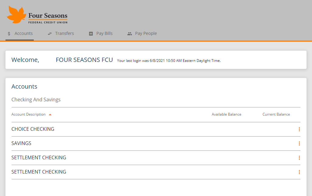 Screenshot of test online banking account