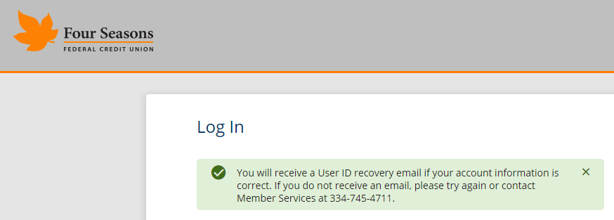 Screenshot showing successful user ID recovery message.